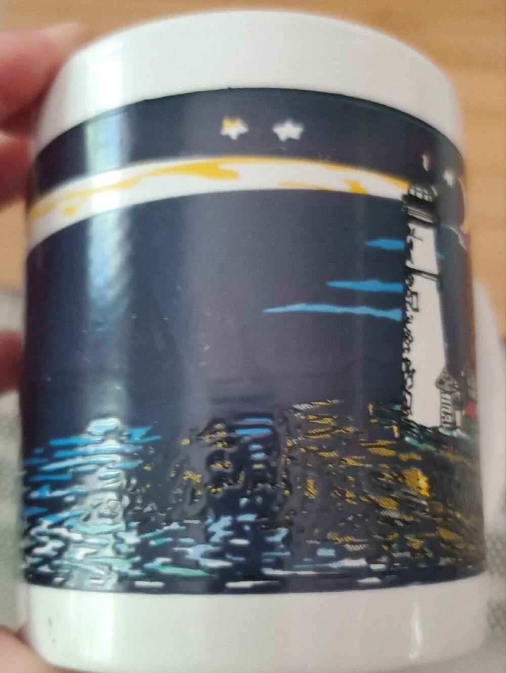 Ceramic Lighthouse Coffee Mug in White with Navy Night Scene Made In USA